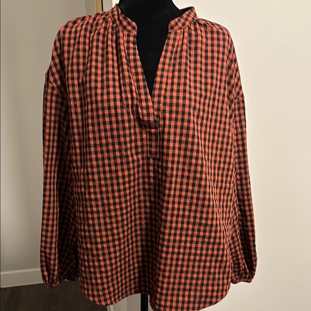 Plaid Woman Blouse Burnt Orange and Red Size XXL